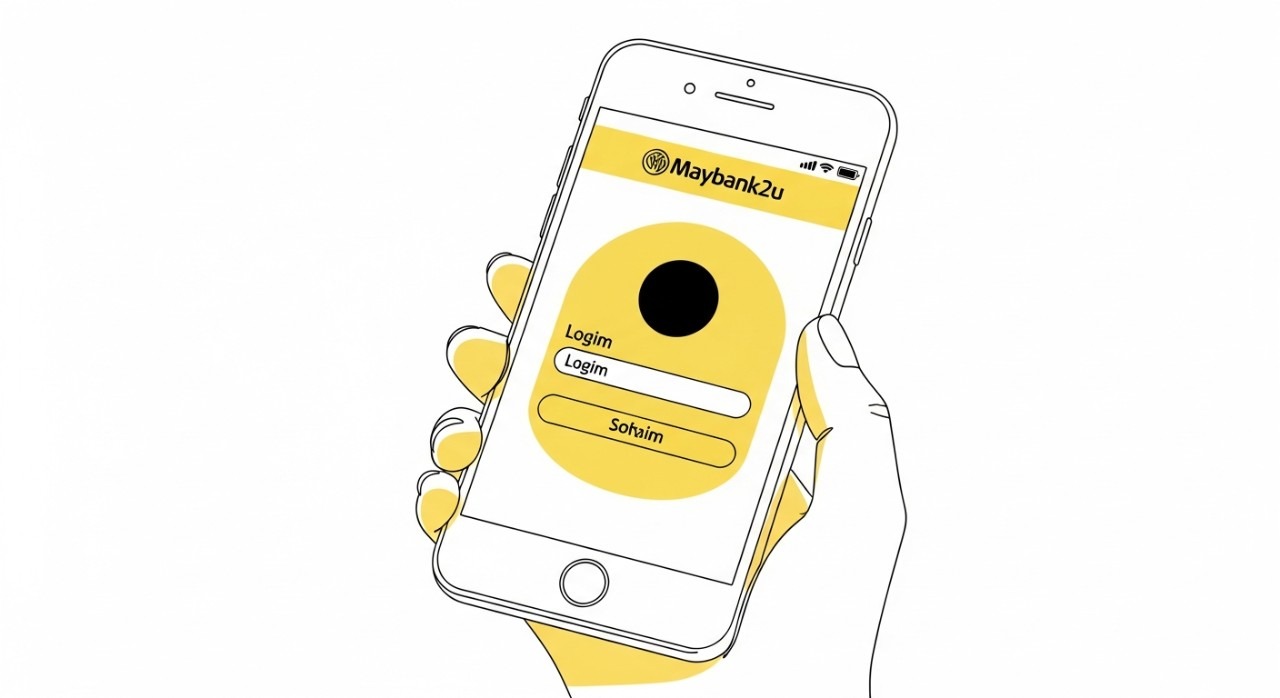 Sebuah tangan memegang telefon pintar yang memaparkan skrin log masuk aplikasi perbankan Maybank2u.
