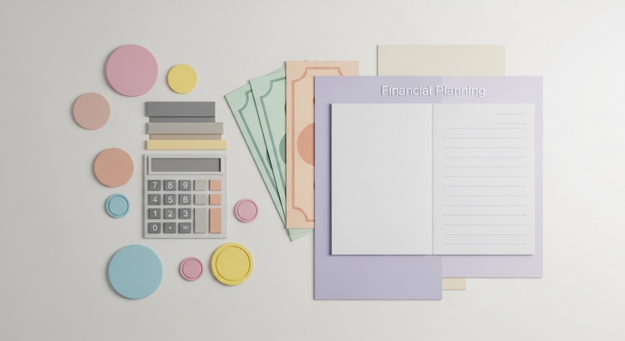 5 Platform Semak Baki Pinjaman Bank Paling Mudah 1 Meja dengan kalkulator, wang tunai, dan buku nota untuk merancang kewangan.