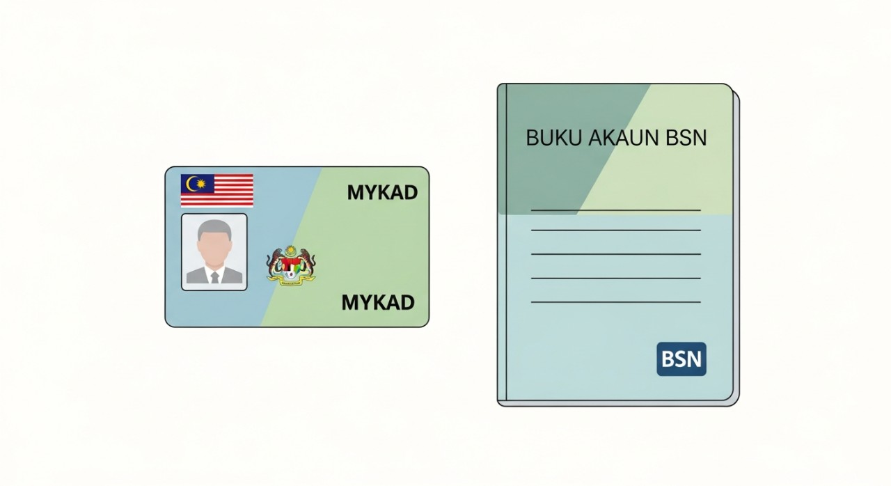 Cara Buat Kad Bank BSN dan Akaun Simpanan Baharu 1 MyKad dan buku akaun bank BSN diletakkan di atas meja kaunter bank sebagai dokumen sokongan permohonan.