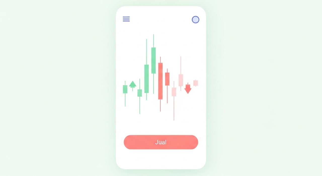 Skrin telefon pintar menunjukkan antaramuka aplikasi perdagangan saham dengan graf naik turun.