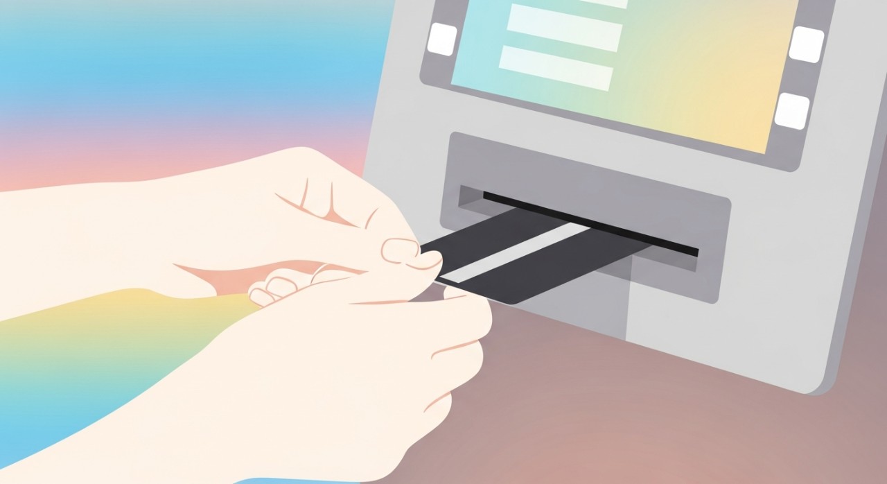 Tangan memegang kad ATM Agrobank dan sedang membuat transaksi tanpa tunai di mesin ATM.