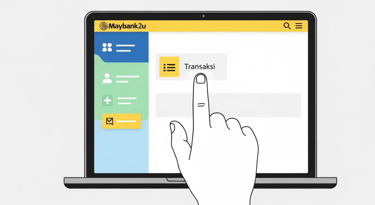 Tangan sedang menyentuh skrin tablet untuk memilih ikon menu 'Transaksi' dalam antara muka perbankan Maybank2u.