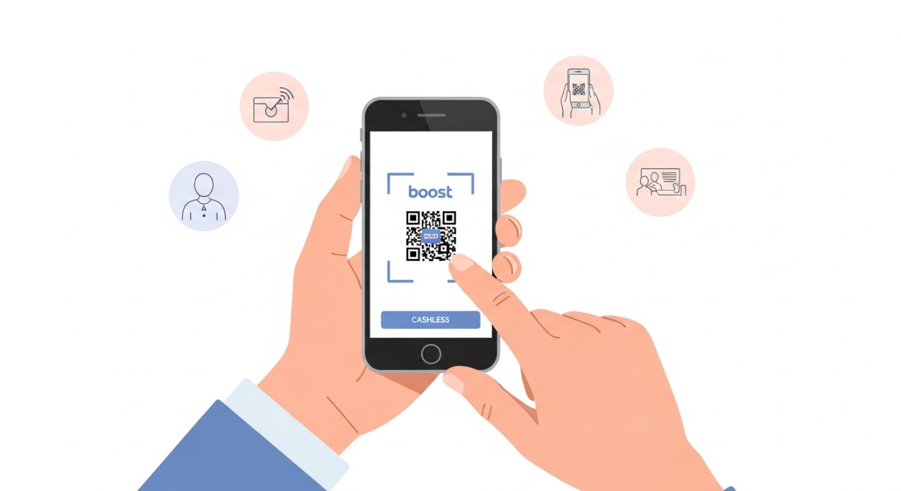 Dua tangan sedang melakukan transaksi pembayaran nirtunai (cashless) menggunakan kod QR Boost.