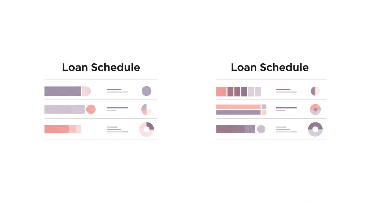 Dua atau lebih jadual pinjaman yang berbeza dipaparkan bersebelahan untuk perbandingan.