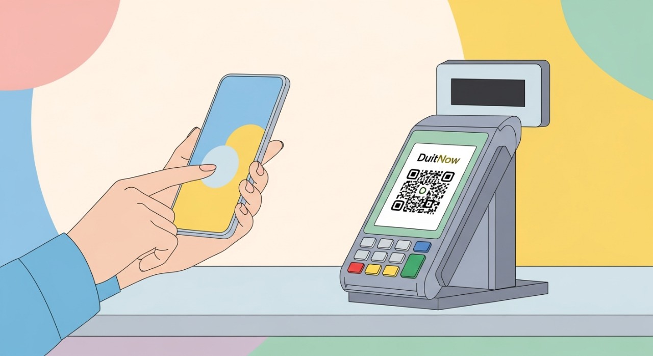 Tangan memegang telefon pintar mengimbas kod QR DuitNow di kaunter bayaran sebuah kedai makan.