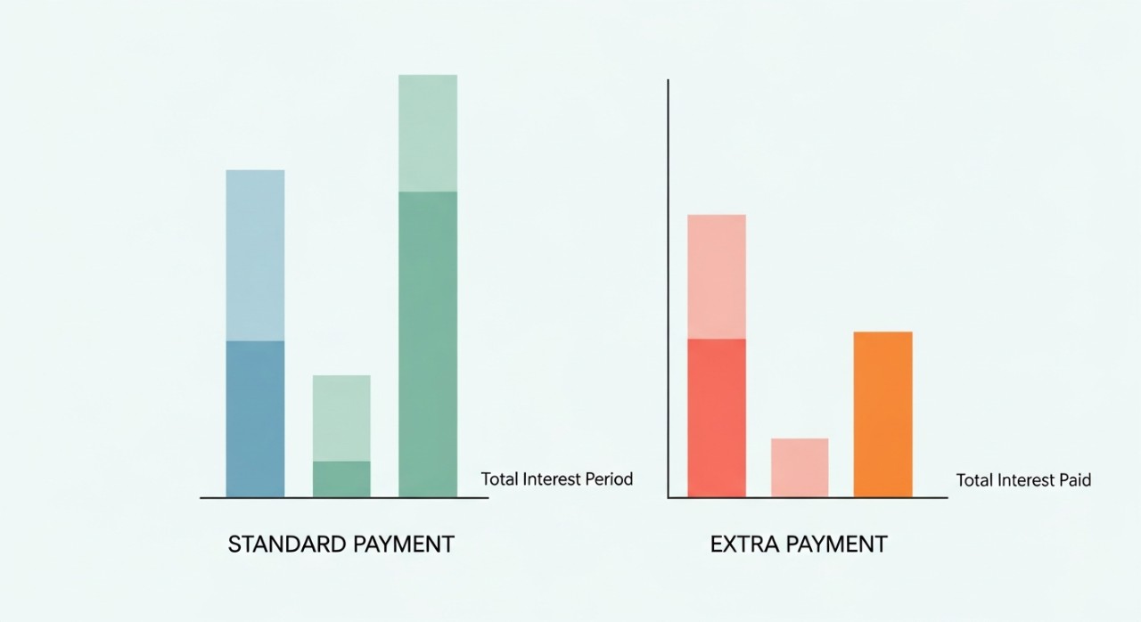Kesan Bayaran Tambahan pada Baki Pinjaman Anda 1 Dua carta perbandingan menunjukkan perbezaan faedah yang dibayar antara pelan pembayaran standard dan pelan pembayaran tambahan.