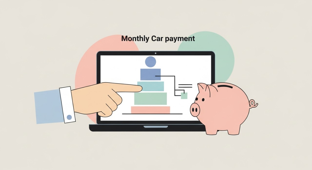 Tangan sedang menunjuk kepada angka bayaran ansuran bulanan pada skrin komputer riba.