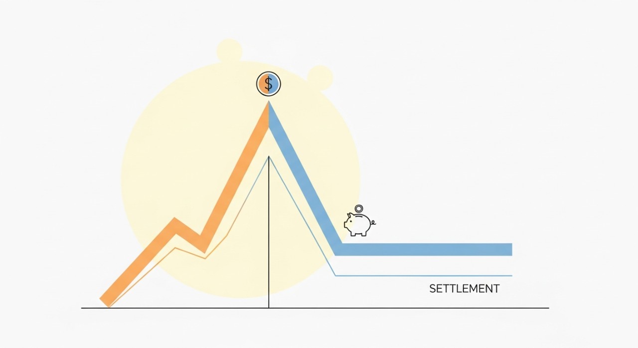 Graf garis minimalis menunjukkan kadar faedah yang tinggi tiba-tiba menurun mendadak, mewakili penjimatan faedah pinjaman awal.