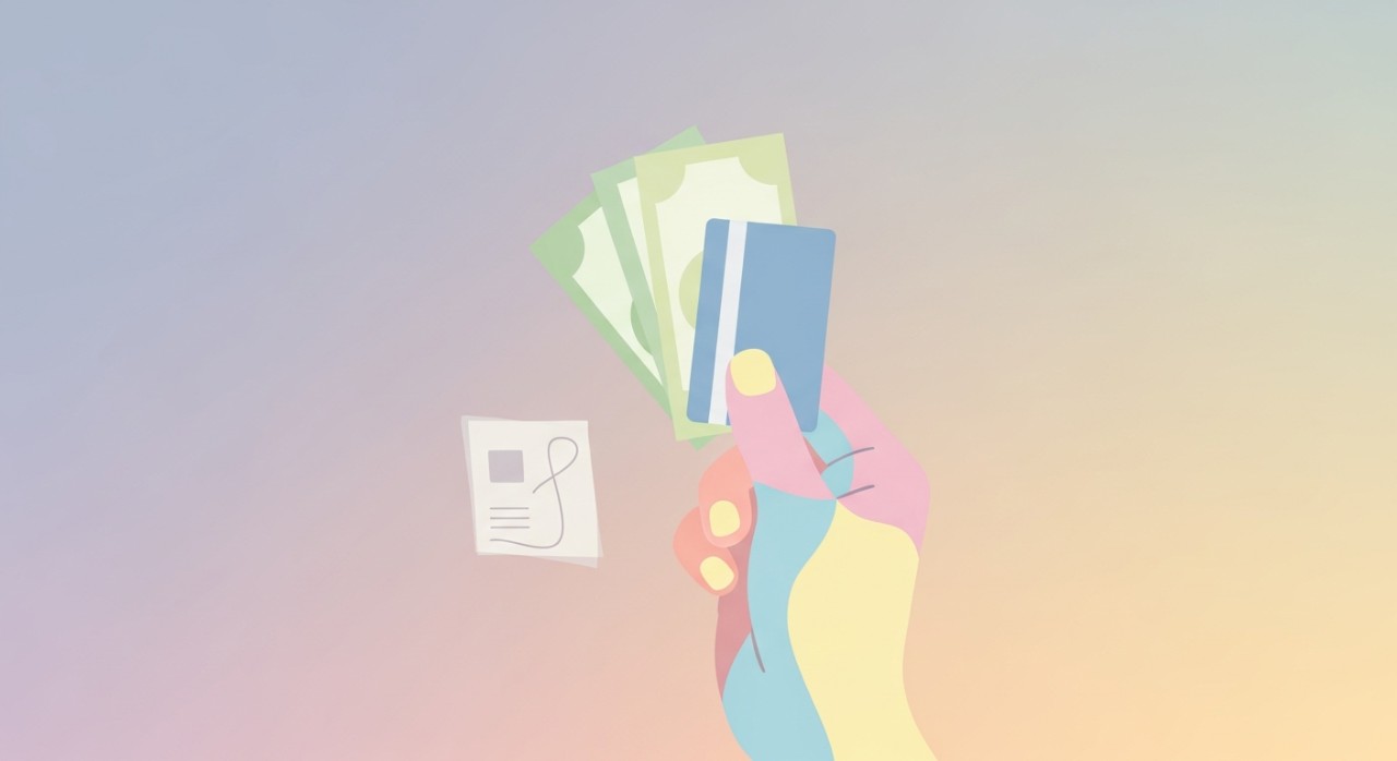 Adakah Penyata Pinjaman Dikenakan Bayaran di Malaysia 1 Tangan sedang memegang wang tunai dan kad bank untuk membayar caj perkhidmatan.