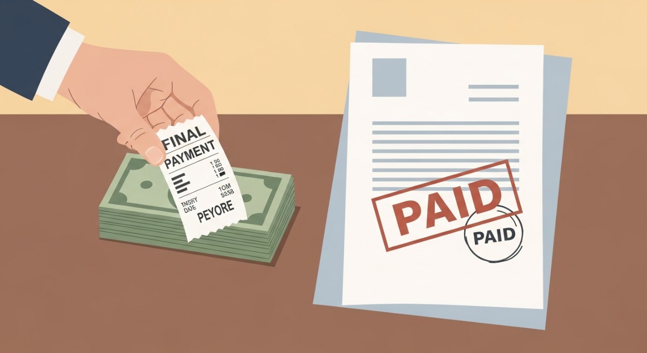 Tangan meletakkan wang tunai atau resit sebagai tanda pinjaman telah selesai dibayar.