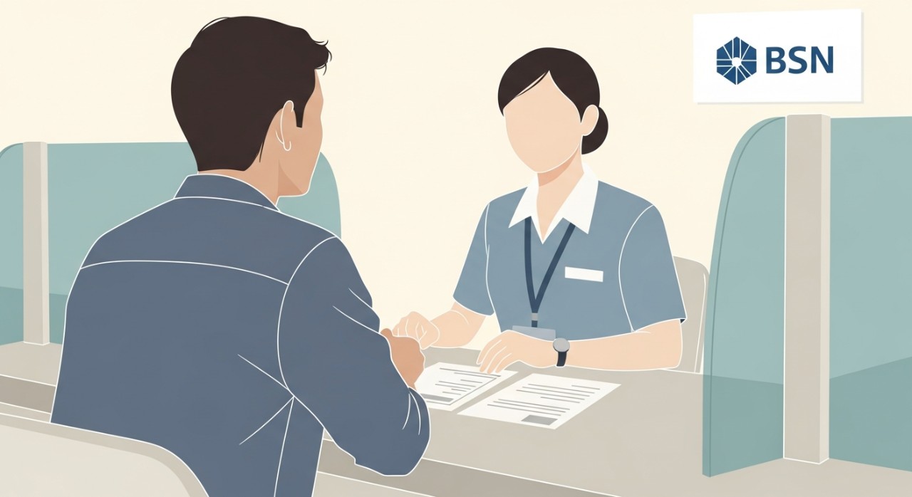Panduan Lengkap Cara Tukar No HP BSN Terkini 1 Seorang pelanggan sedang berbincang dengan juruwang bank di kaunter BSN.
