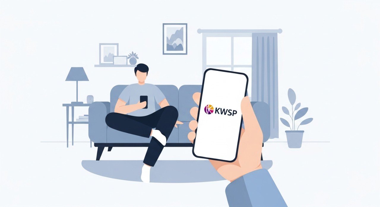 Sesosok tubuh duduk santai di atas sofa di rumah, memegang telefon pintar untuk mendaftar i-Akaun KWSP.