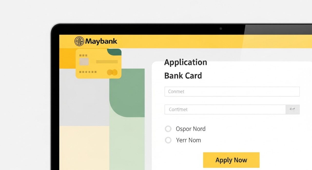 Paparan skrin komputer riba yang menunjukkan proses pengisian borang permohonan akaun dan kad bank secara digital.