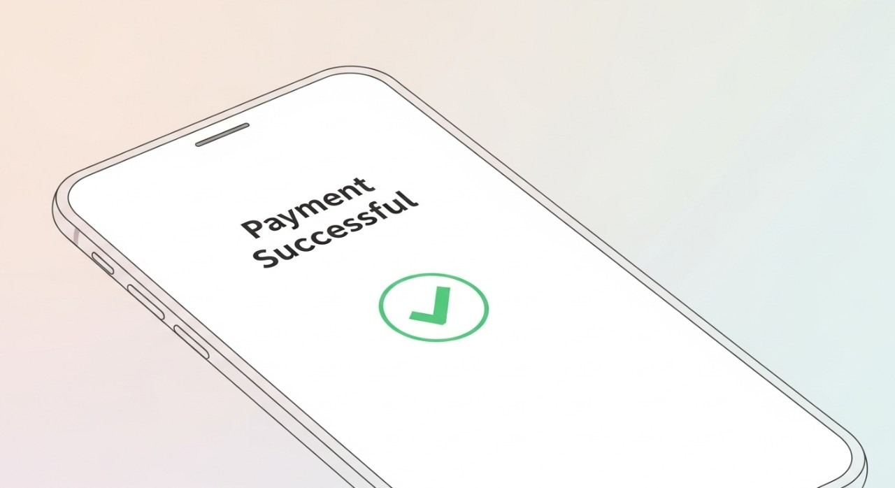Skrin telefon pintar menunjukkan notifikasi 'Pembayaran Berjaya' dengan tanda semak (checkmark) berwarna hijau.