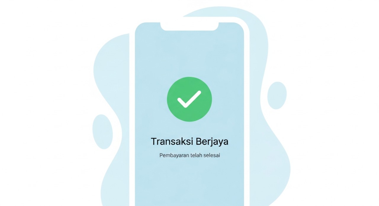 Skrin telefon pintar menunjukkan notifikasi pembayaran kad kredit yang telah berjaya dengan tanda semak hijau besar.