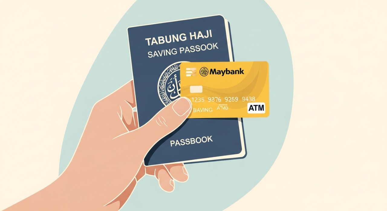 Cara Transfer Maybank ke Tabung Haji Panduan Penuh 1 Tangan sedang memegang buku simpanan Tabung Haji dengan kad ATM Maybank diletakkan di atasnya.