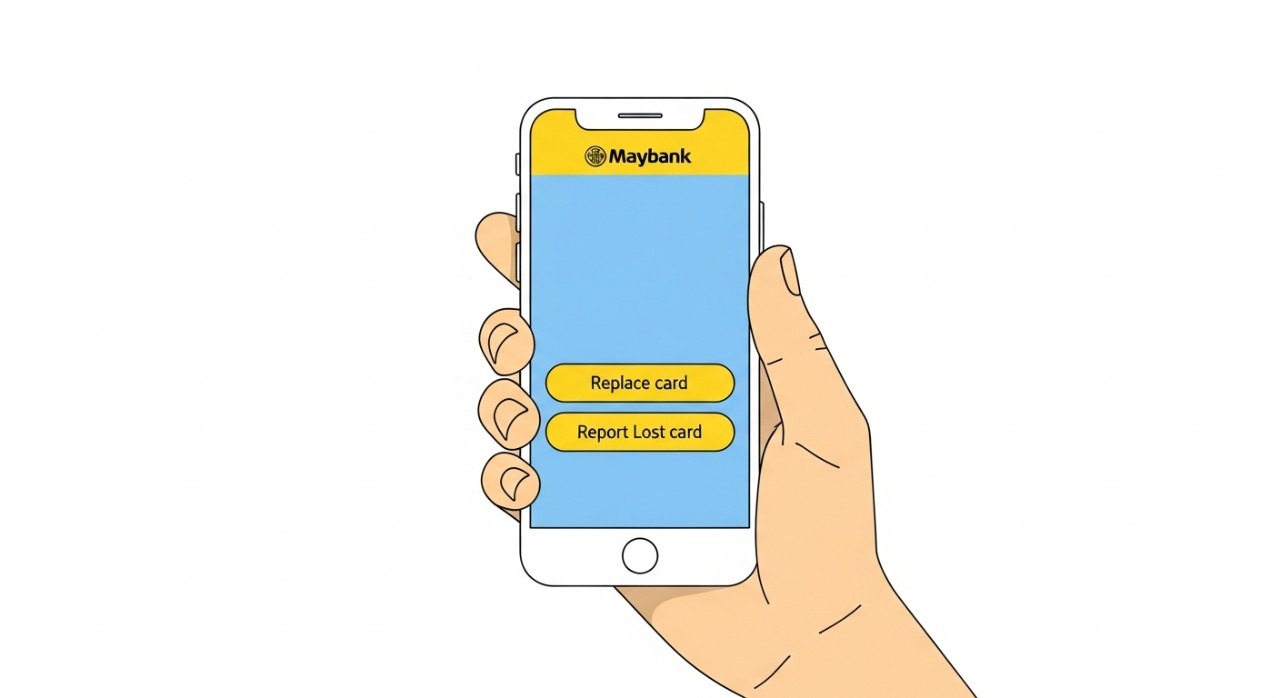 Tangan memegang telefon pintar menunjukkan menu permohonan kad bank baharu di dalam aplikasi.