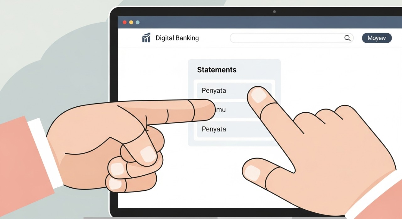 Panduan Lengkap Cara Print Bank Statement Maybank Terkini 1 Tangan seseorang sedang menunjuk menu 'Penyata' pada skrin laptop yang memaparkan laman web Maybank2u.
