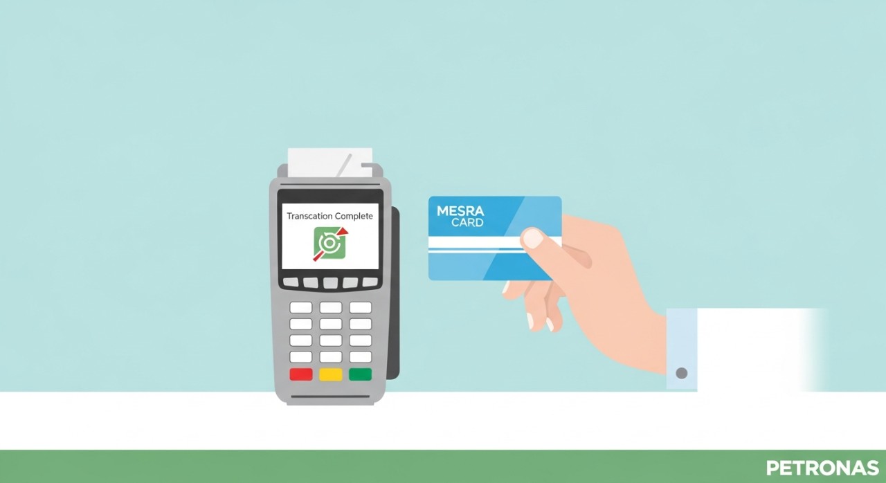 Tangan sedang memasukkan Kad Mesra ke dalam mesin pembaca kad di kaunter pembayaran stesen minyak Petronas.