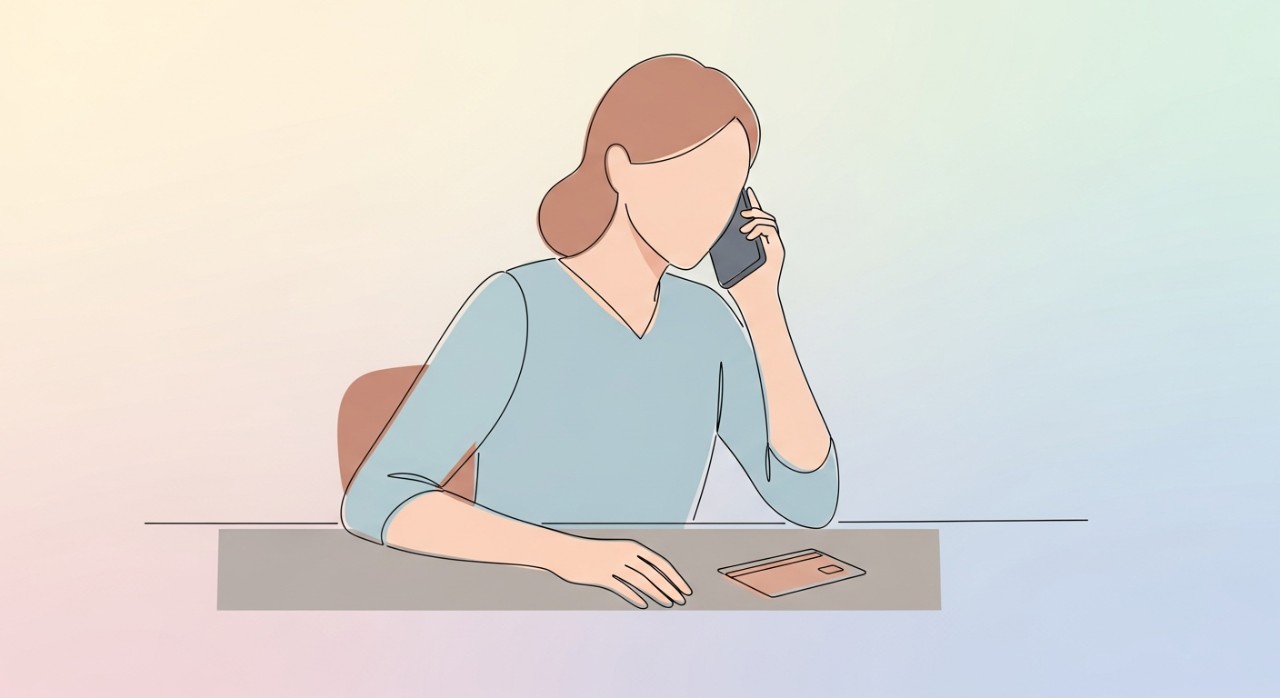 Seorang wanita sedang bercakap di telefon sambil memegang kad bank untuk menyelesaikan masalah akaun dibekukan.