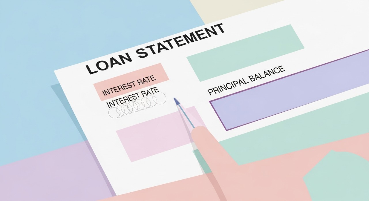 Fokus rapat pada penyata pinjaman yang menunjukkan bahagian kadar faedah dan baki pokok yang sedang ditunjuk.