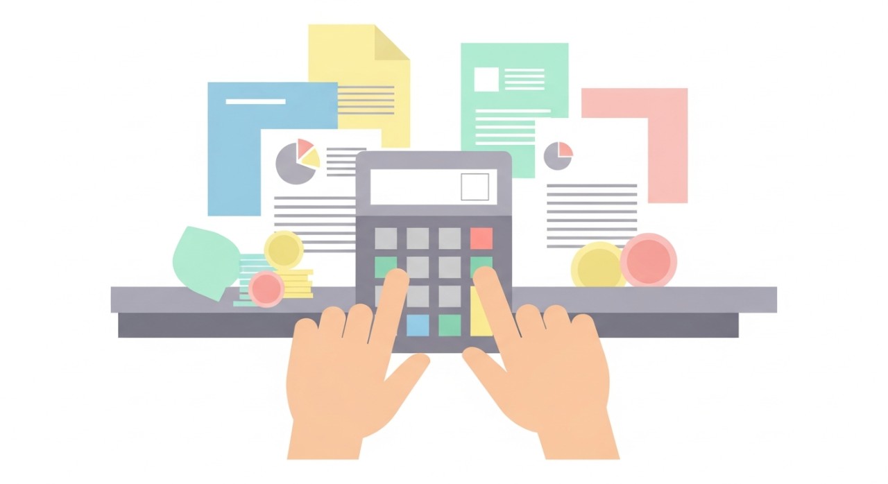 Panduan Jadual Pinjaman Rumah Terkini Tahun 2026 1 Tangan sedang menggunakan kalkulator untuk mengira ansuran bulanan pinjaman rumah di atas meja dengan dokumen.