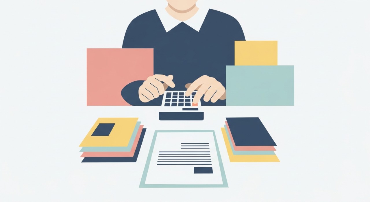 Seseorang sedang mengira ansuran pinjaman bulanan menggunakan kalkulator dan dokumen.