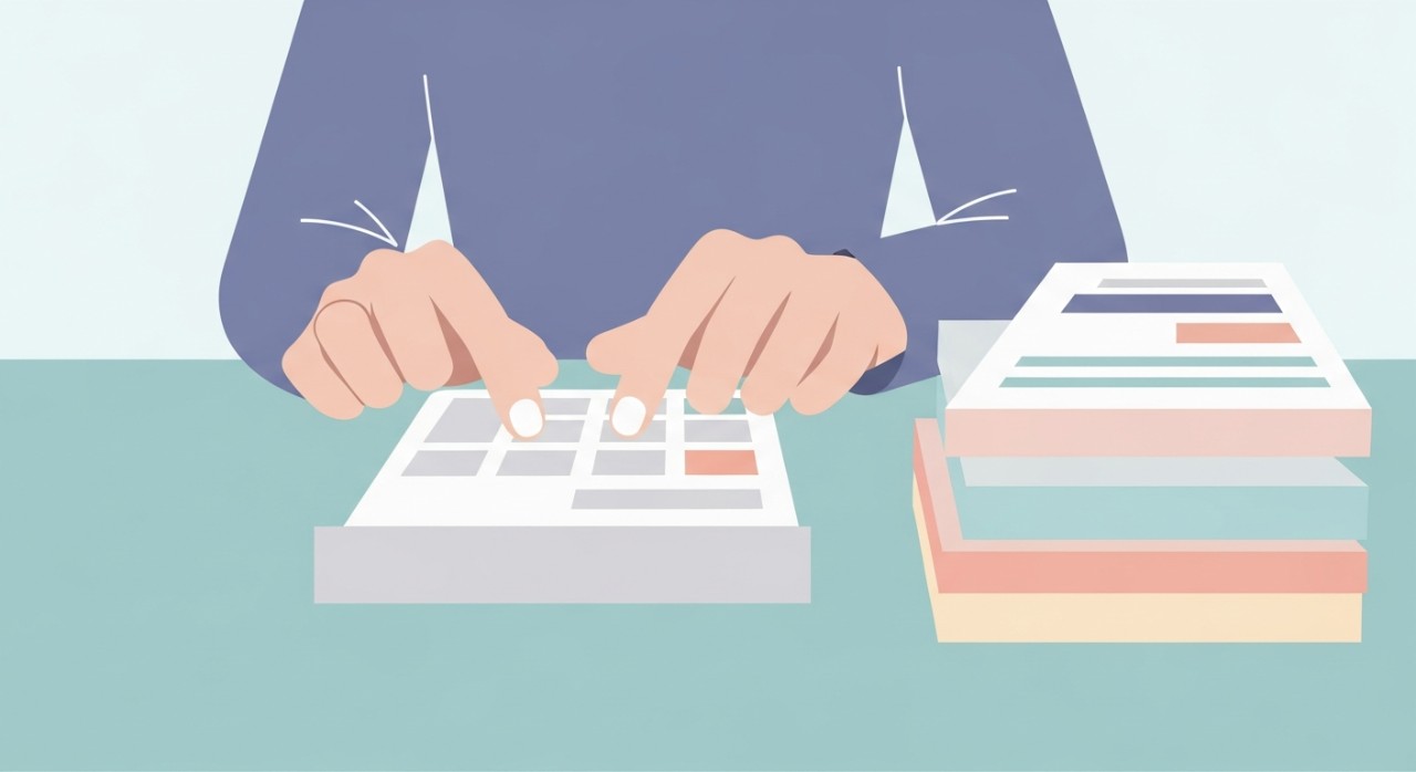 Tangan seseorang sedang menggunakan kalkulator untuk mengira bayaran ansuran bulanan pinjaman rumah di atas meja.