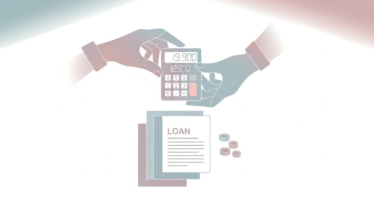 Tangan sedang memegang kalkulator di atas dokumen pinjaman dengan beberapa syiling.