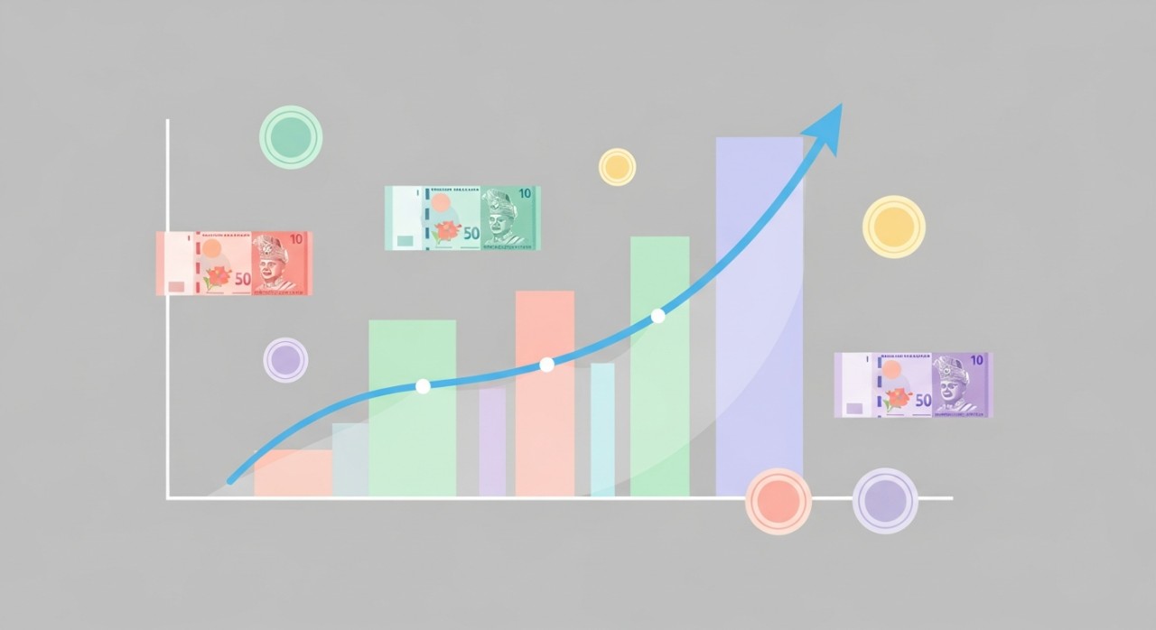 Carta menunjukkan pertumbuhan pelaburan ASB dari semasa ke semasa, bersama wang kertas Ringgit Malaysia.