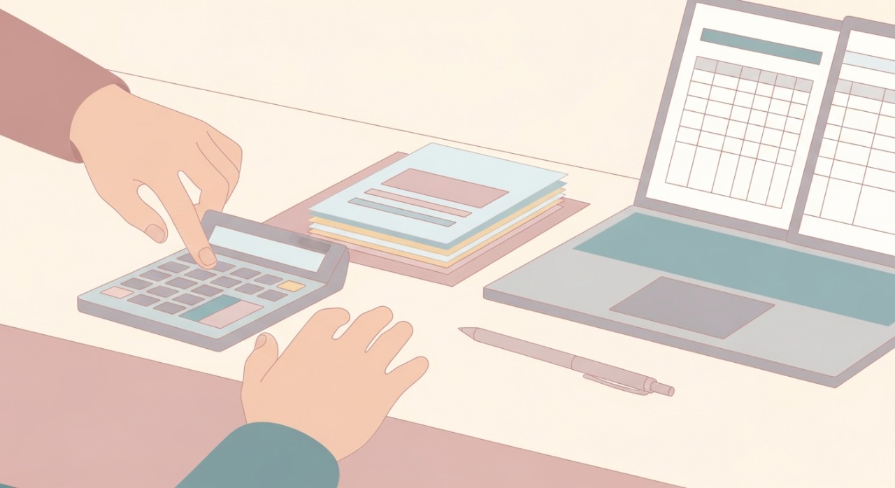 Cara Mudah Semak Baki Pinjaman Peribadi Bank 2026 1 Tangan seseorang sedang menekan kalkulator di atas meja dengan dokumen kewangan, pen dan komputer riba.