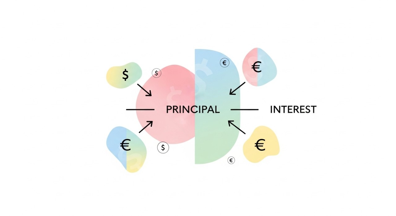 Grafik yang menunjukkan komponen utama pinjaman seperti prinsipal dan faedah dengan anak panah dan simbol wang.
