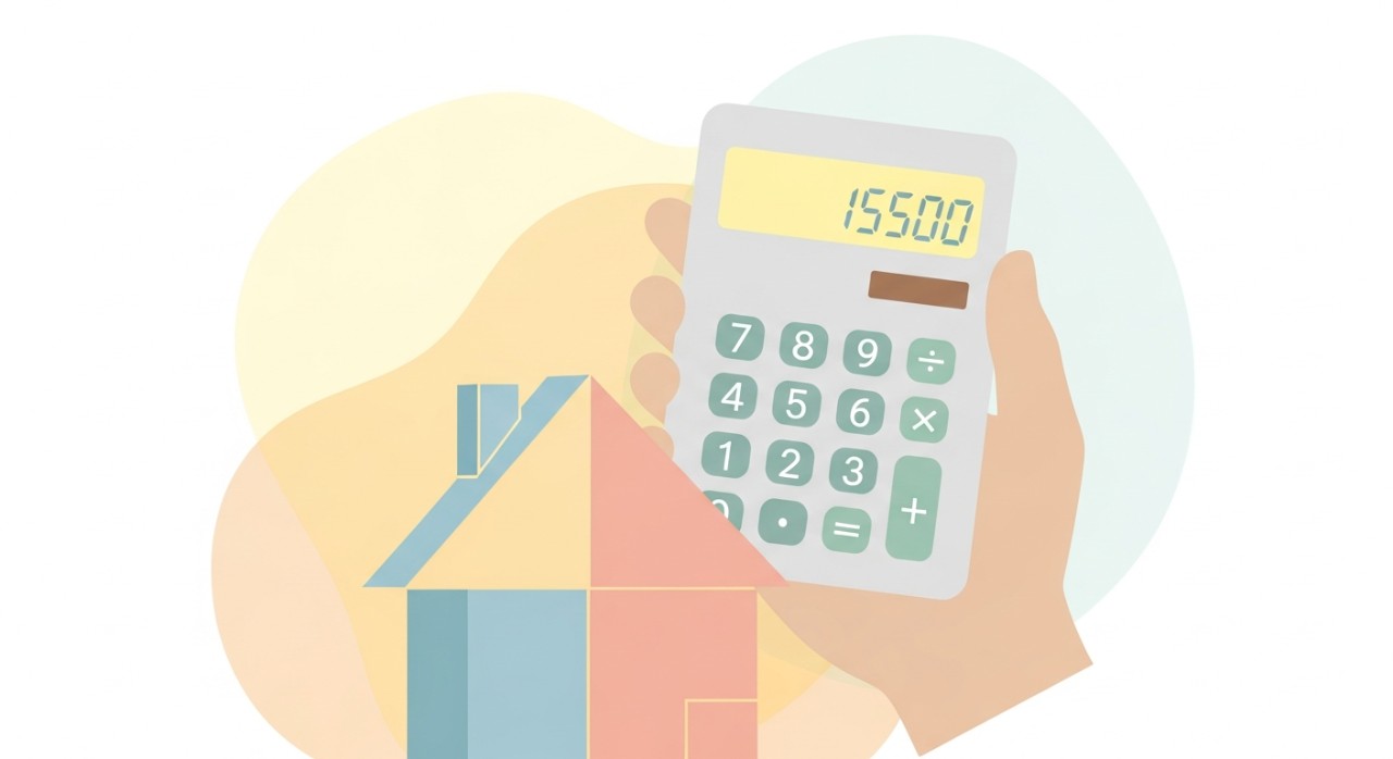 Tangan sedang menggunakan kalkulator kewangan di hadapan model rumah untuk mengira bayaran bulanan.