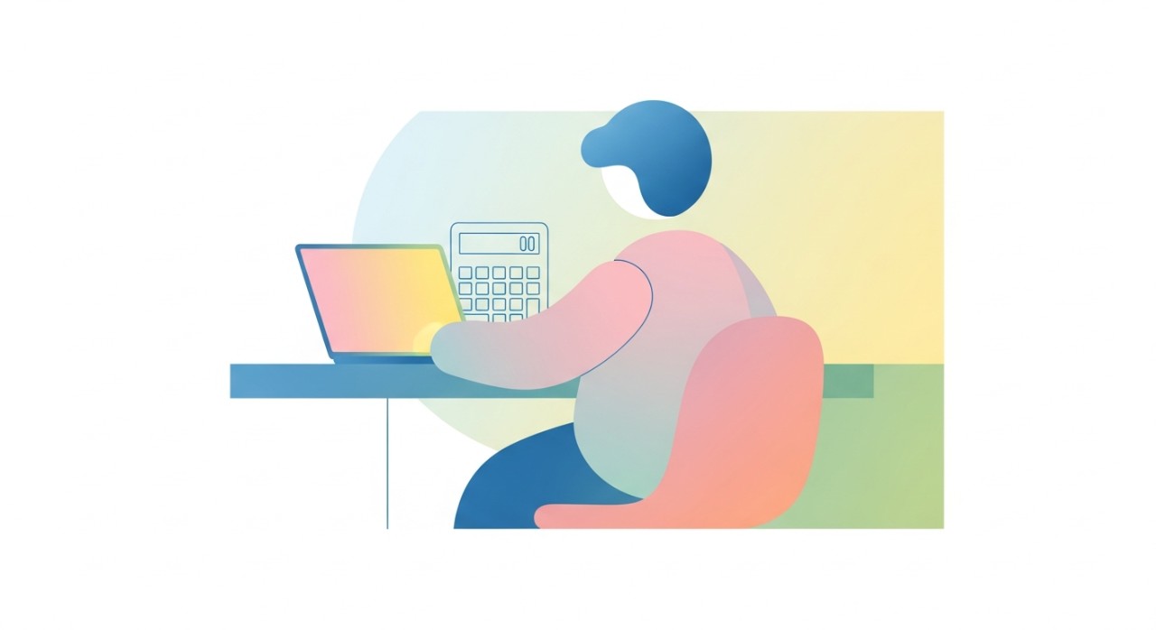 Seseorang sedang menggunakan kalkulator dan komputer riba untuk mengira pembayaran pinjaman.