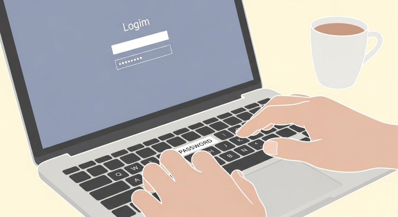 Panduan Semak Baki Pinjaman CIMB Paling Efisien 2026 1 Tangan sedang menaip kata laluan pada papan kekunci komputer riba di hadapan skrin log masuk.