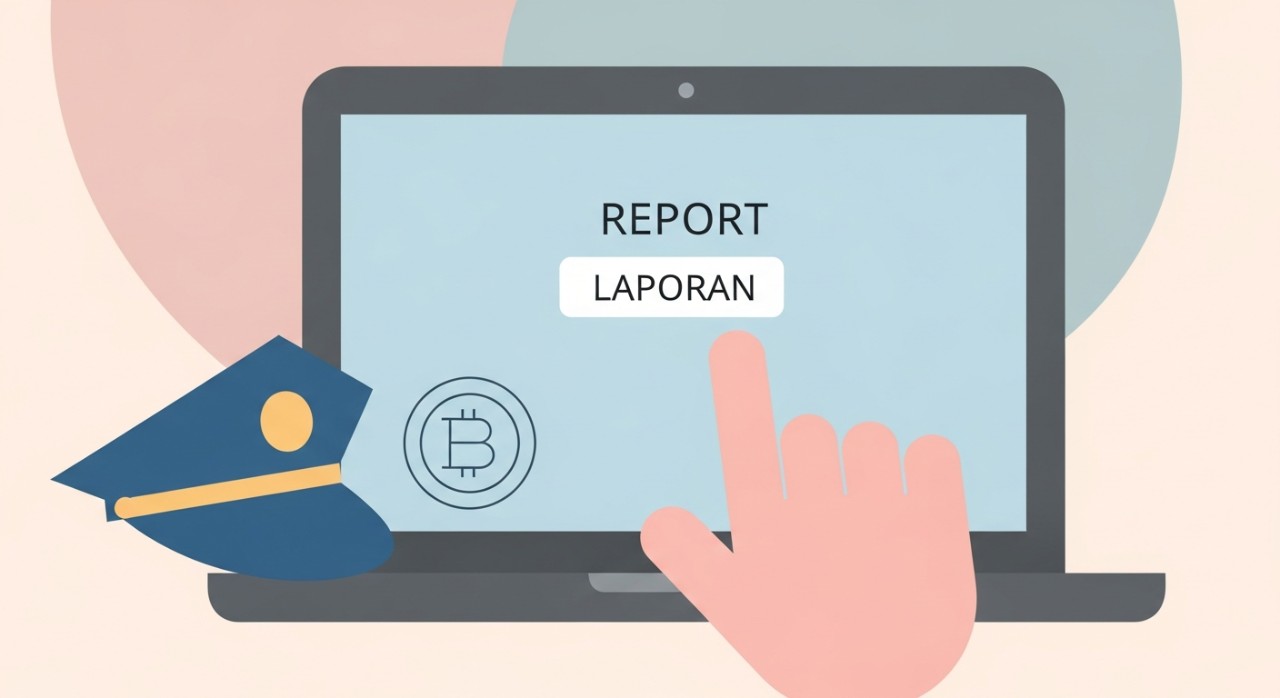 Tangan sedang menunjuk pada borang laporan penipuan siber di skrin komputer riba.