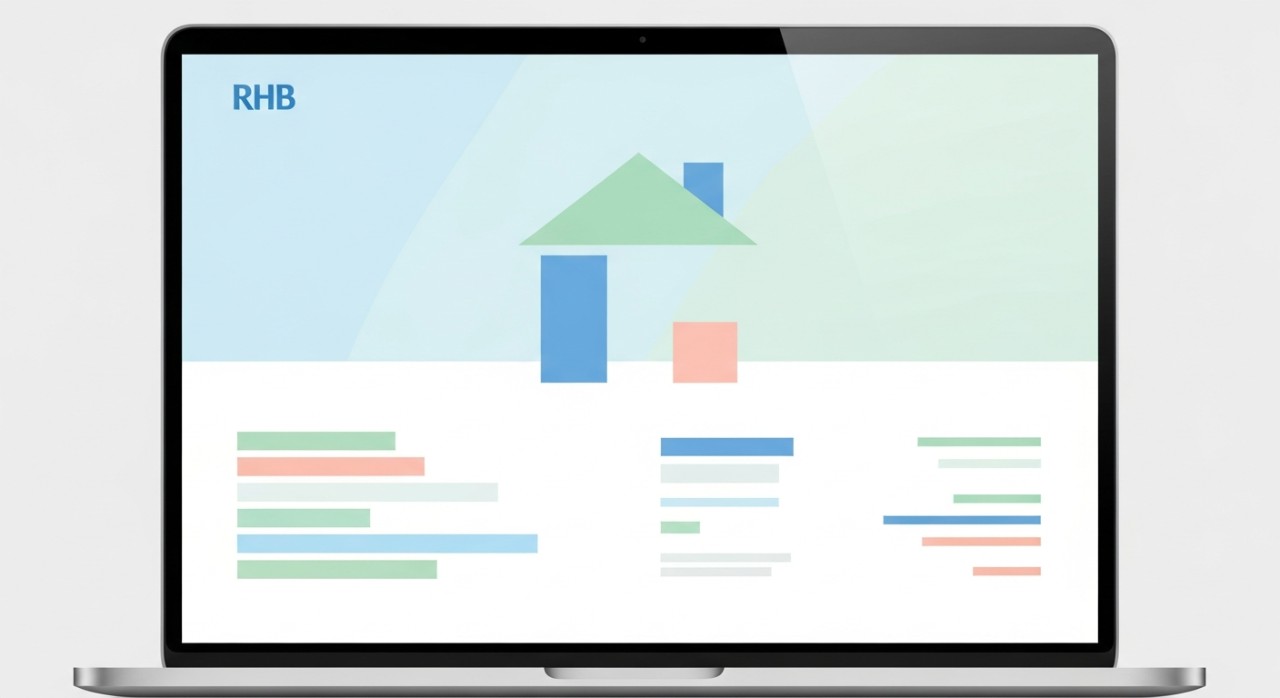 Panduan Semak Baki Pinjaman Perumahan RHB 2026 1 Skrin komputer riba menunjukkan portal perbankan dalam talian RHB dengan ikon rumah dan data kewangan.