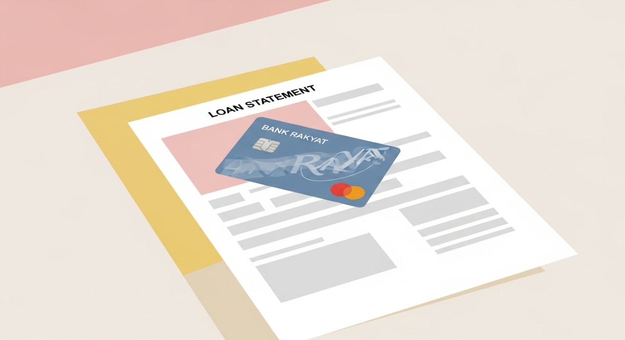 Sekeping kad debit atau kredit Bank Rakyat diletakkan di atas penyata pinjaman rasmi di atas meja.