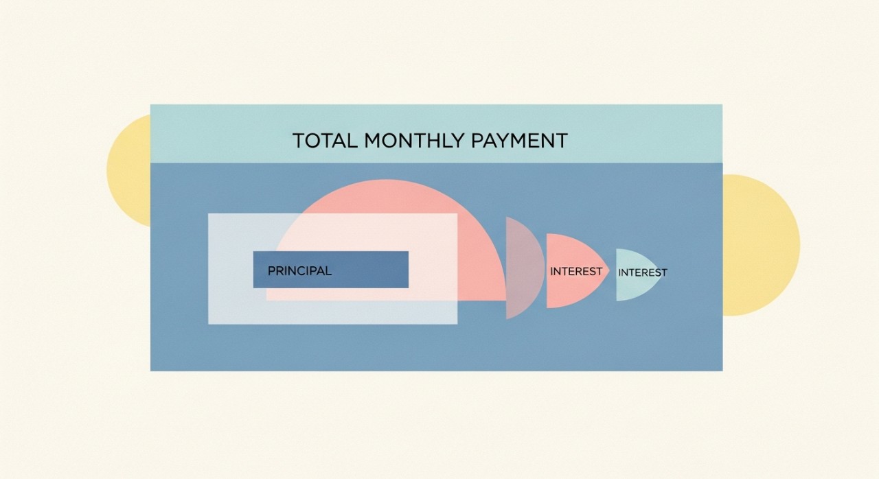 Grafik yang menunjukkan pecahan pembayaran pinjaman bulanan dengan baki dan faedah.