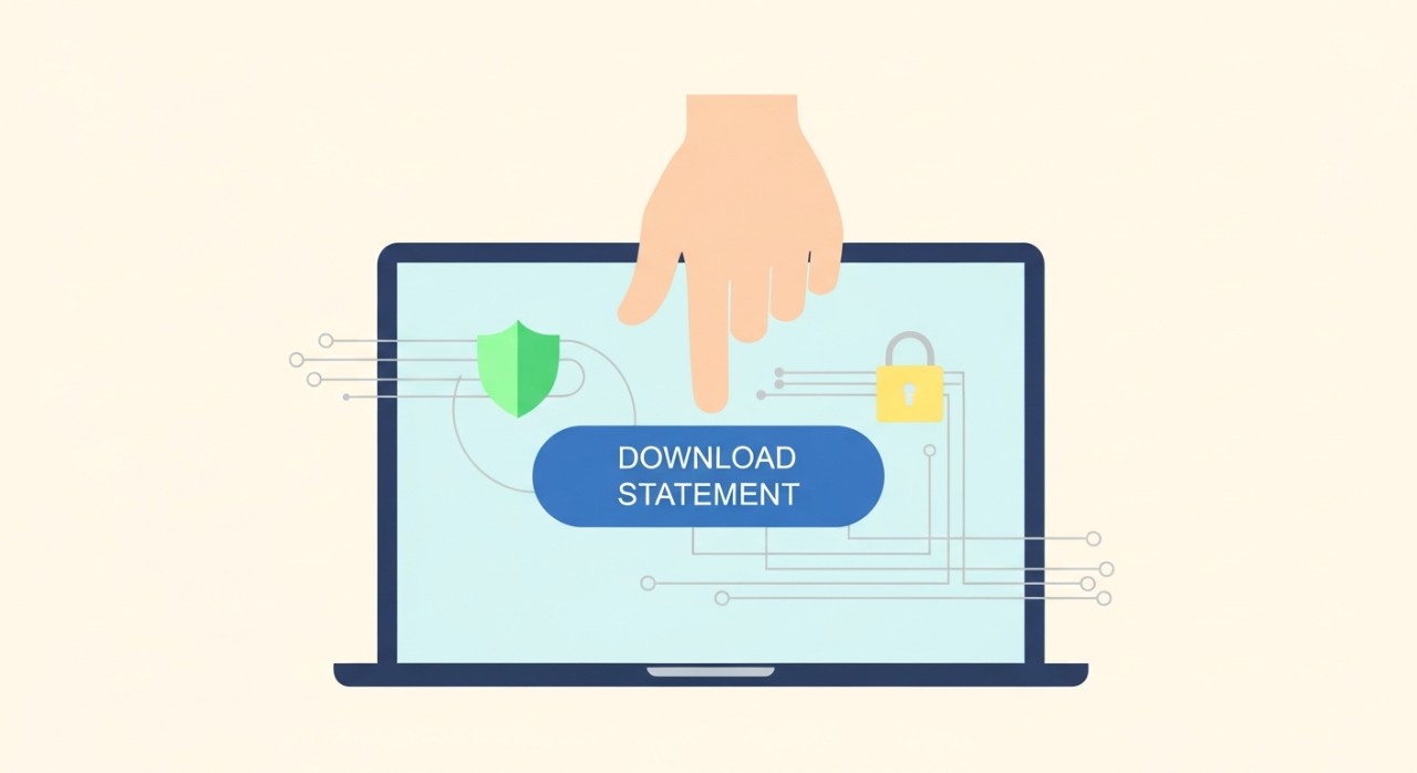 Cara Paling Mudah Dapatkan Penyata Baki Pinjaman Online 1 Tangan sedang menekan butang muat turun pada aplikasi penyata pinjaman.