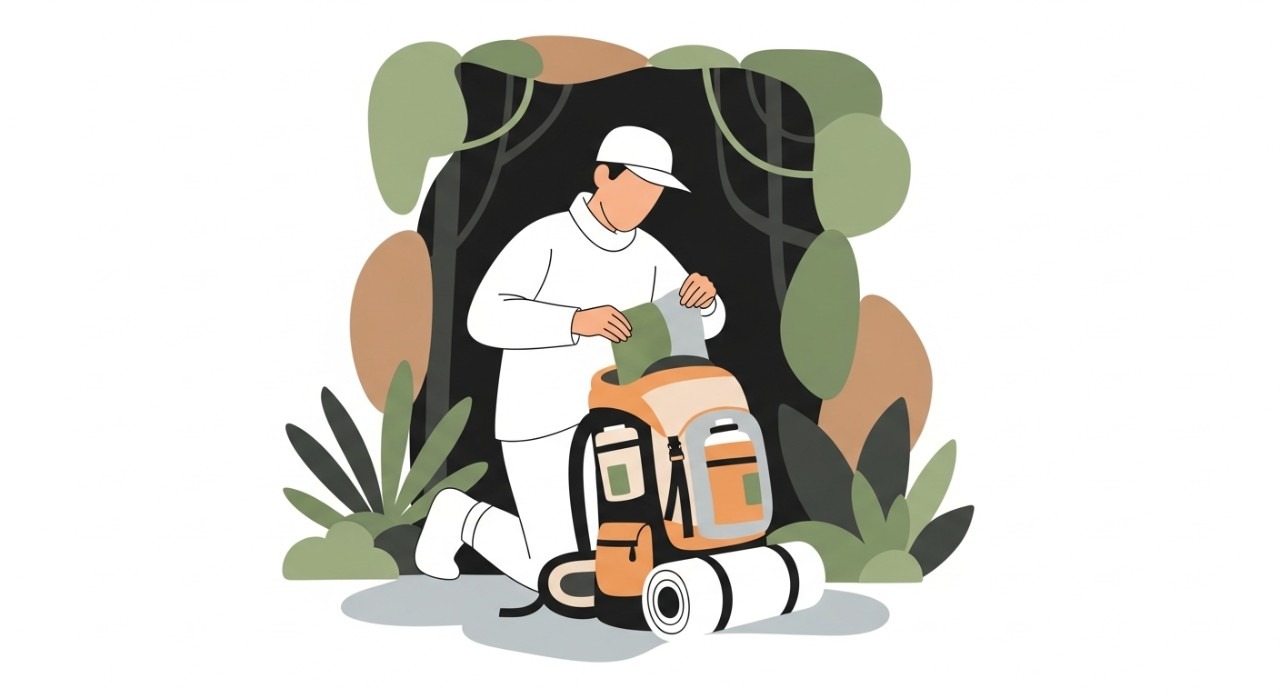 Seorang pengembara sedang memasukkan peralatan survival ke dalam beg galas besar di tepi hutan.