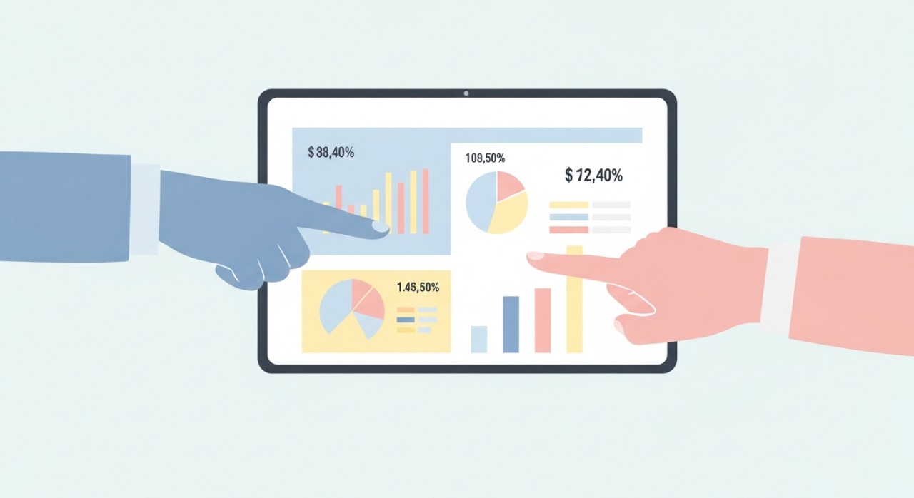 Dua orang profesional bekerjasama mengesahkan data kewangan pada skrin komputer riba.