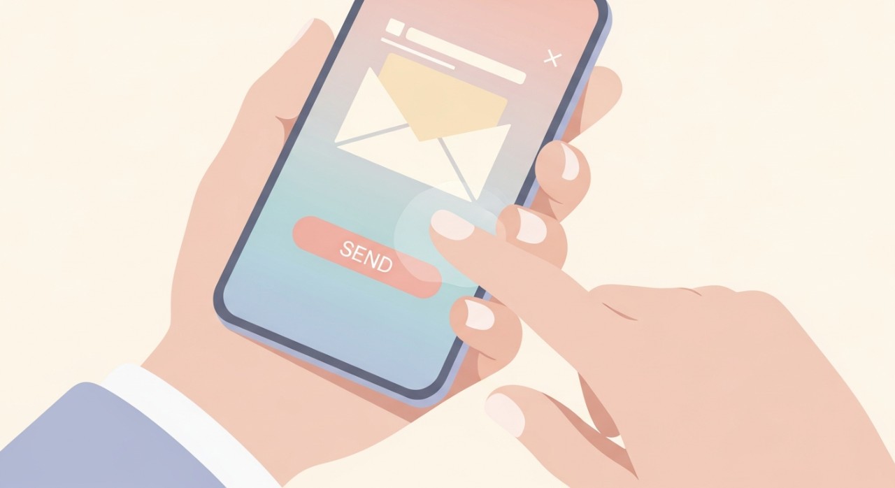 Tangan sedang menekan butang 'hantar' (send) pada skrin telefon pintar yang memaparkan borang e-mel yang telah lengkap.