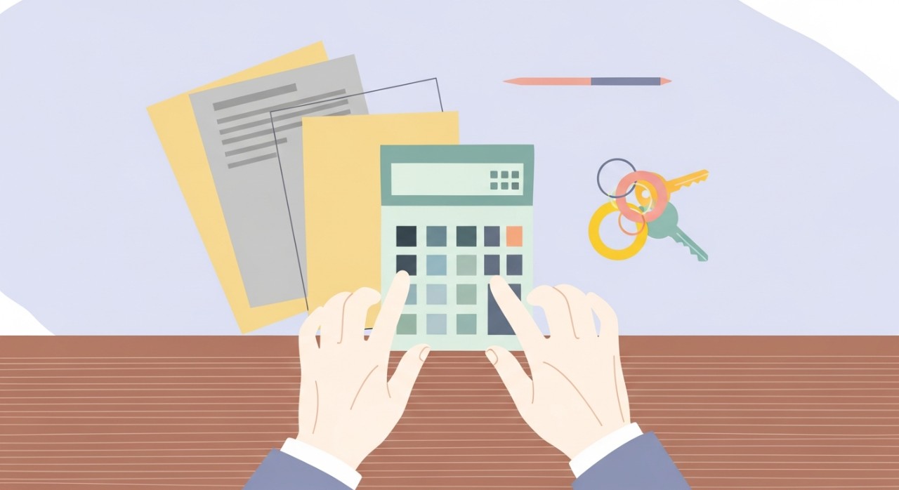 Tangan menggunakan kalkulator di atas meja yang dipenuhi dokumen pinjaman dan kunci rumah.