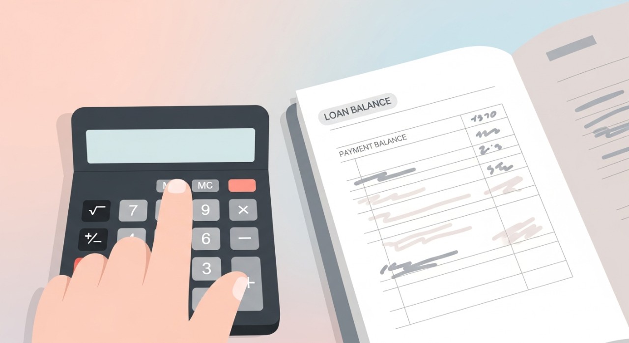 Tangan sedang menggunakan kalkulator di sebelah buku nota kewangan yang menunjukkan jadual pembayaran pinjaman.