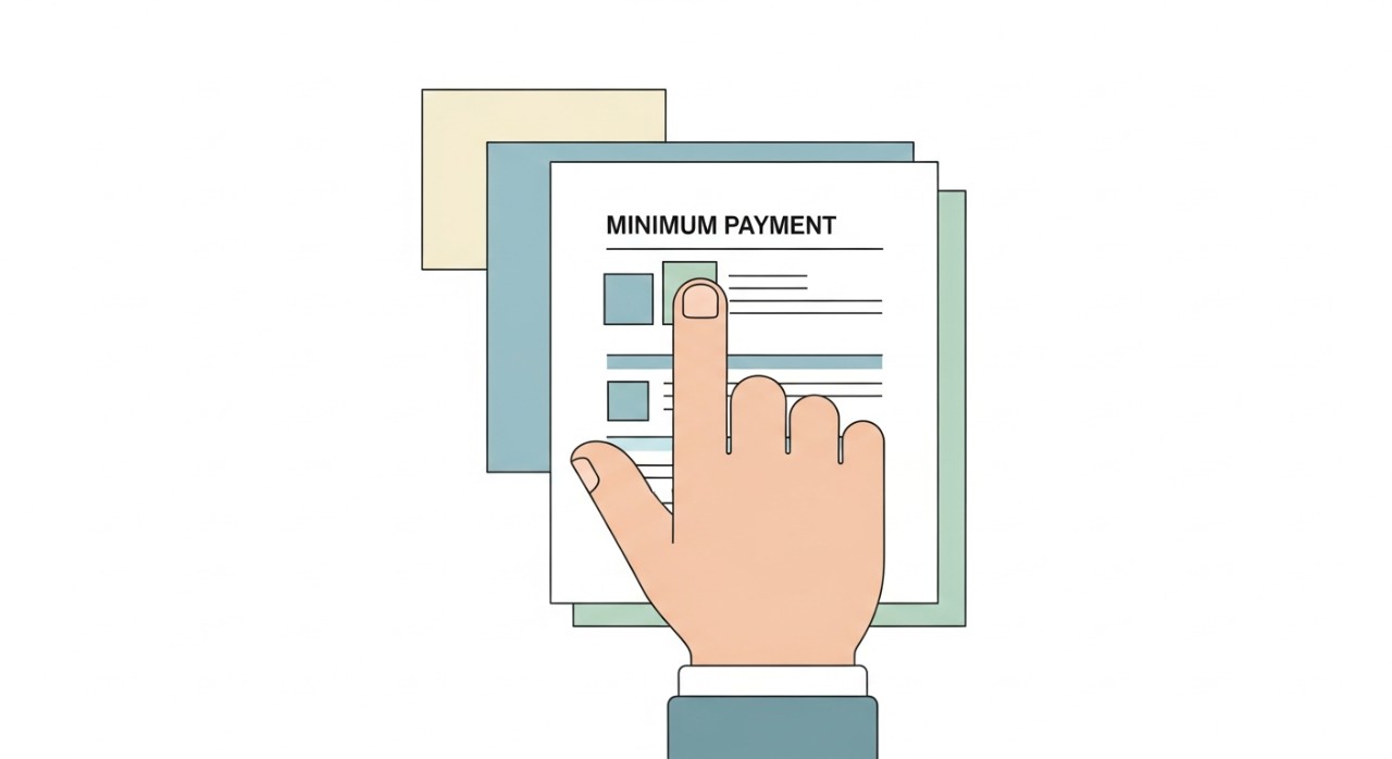 Cara Pengiraan Bayaran Bulanan Kad Kredit yang Tepat 1 Sebuah tangan sedang menunjuk jumlah bayaran minimum pada penyata kad kredit.