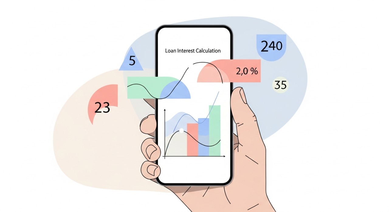 Tangan seseorang memegang telefon pintar yang memaparkan aplikasi pengiraan faedah pinjaman dengan graf dan nombor.