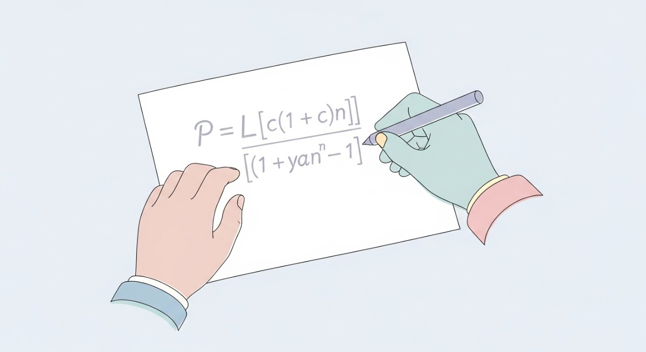 Aplikasi Formula Jadual Pinjaman Paling Efektif 2026 1 Tangan sedang menulis formula pengiraan pinjaman di atas kertas.