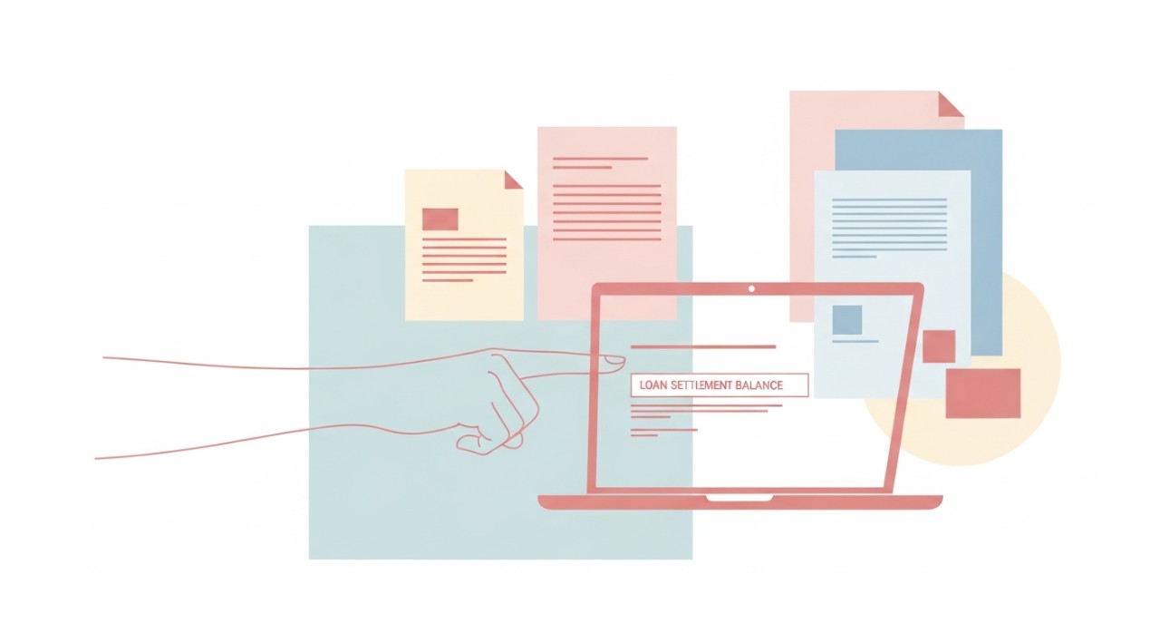 Tangan sedang menunjuk kepada angka baki penyelesaian pinjaman pada skrin komputer riba.