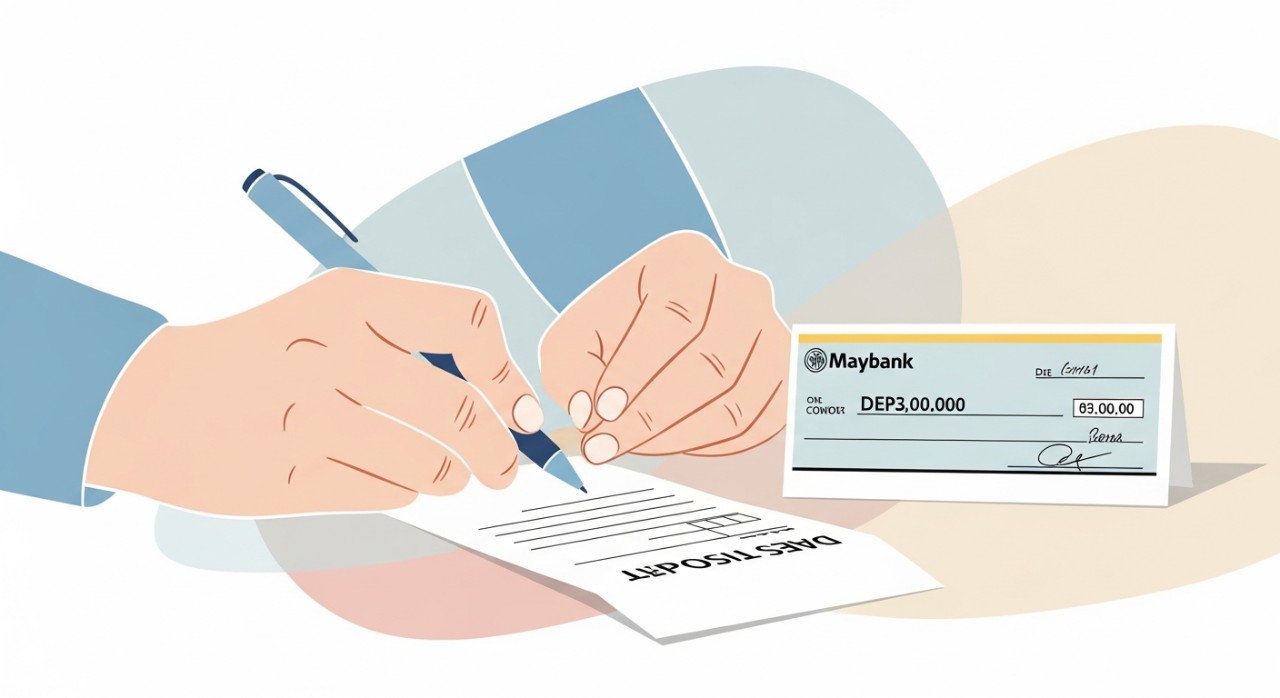 Seseorang sedang menulis butiran pada borang deposit cek bank Maybank.